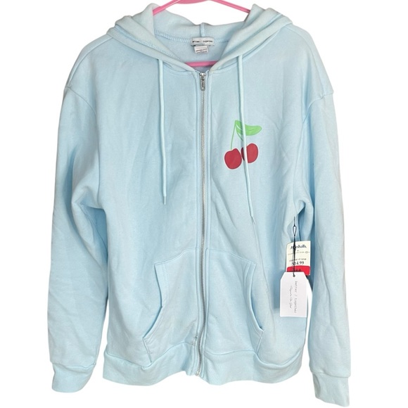 Better Together Tops - Better Together Cherry Zip Up Hoodie Aqua Blue